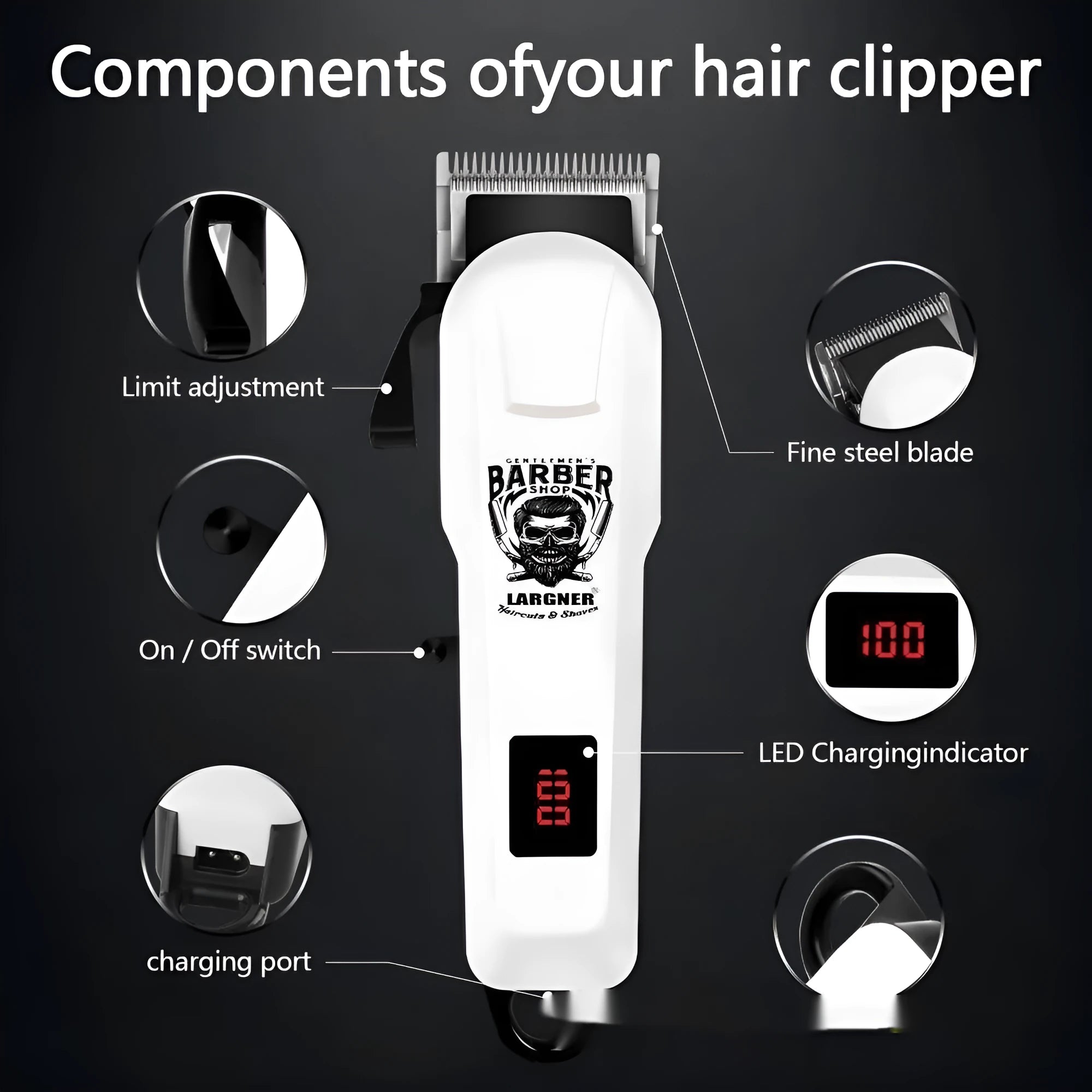 USB rechargeable hair clipper with stainless steel cutter head, plastic body, and charging cable