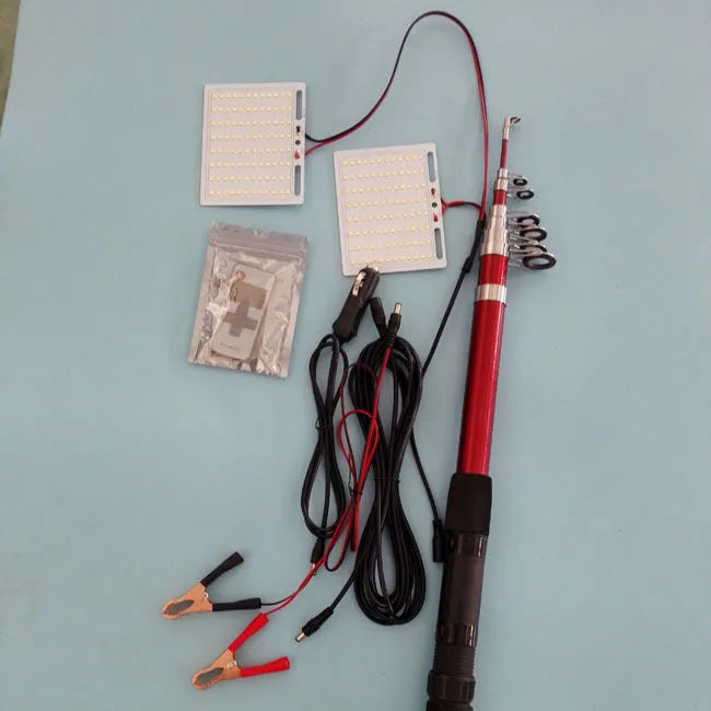 White LED fishing rod light panel mounted on a tall telescopic pole for outdoor use