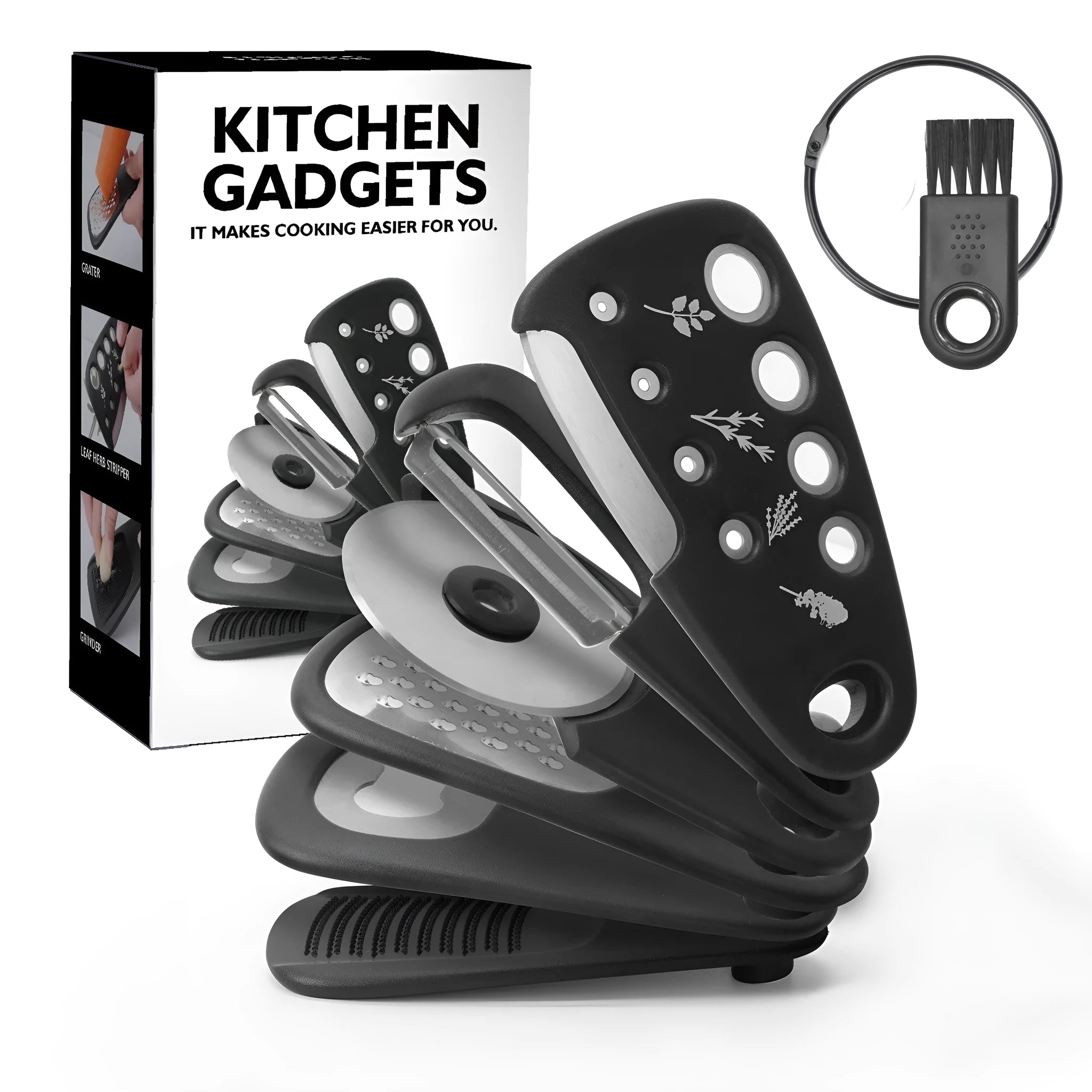 Six stacking kitchen gadgets and a brush in a colour box, made from stainless steel and PP plastic