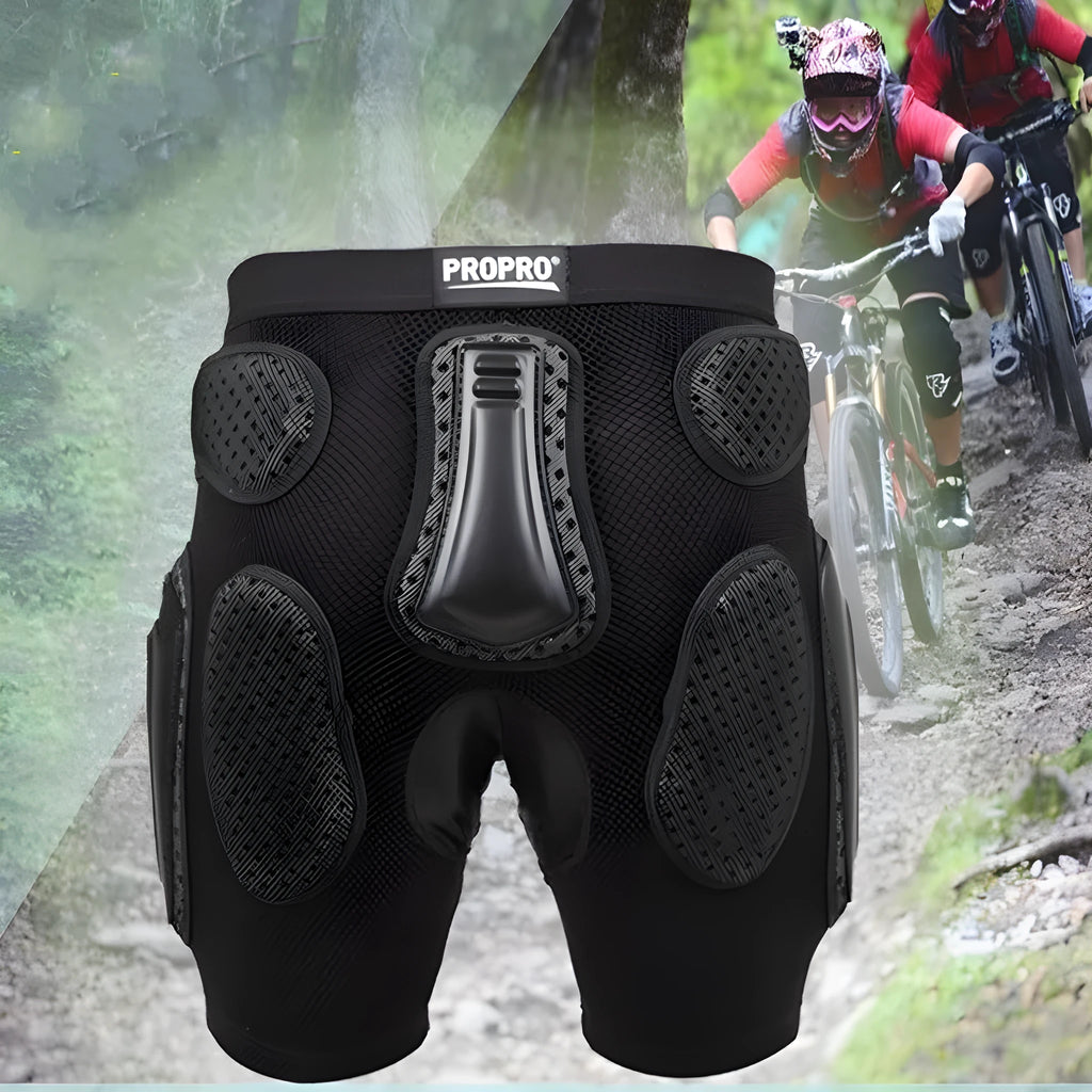 Black cycling trousers with integrated protective hip padding, shown in size L.