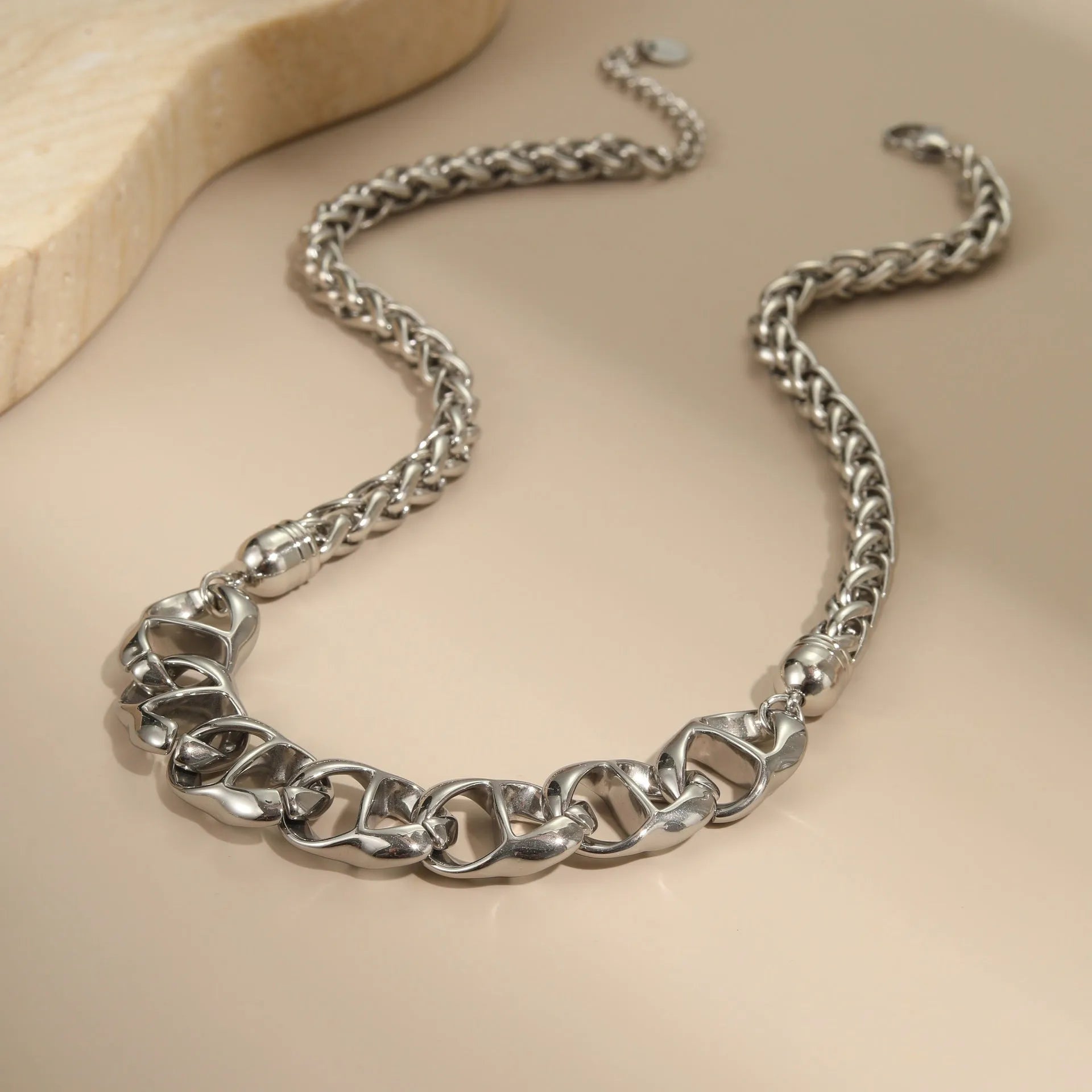 Women's stainless steel geometric chain necklace with gold plating and steel colour options