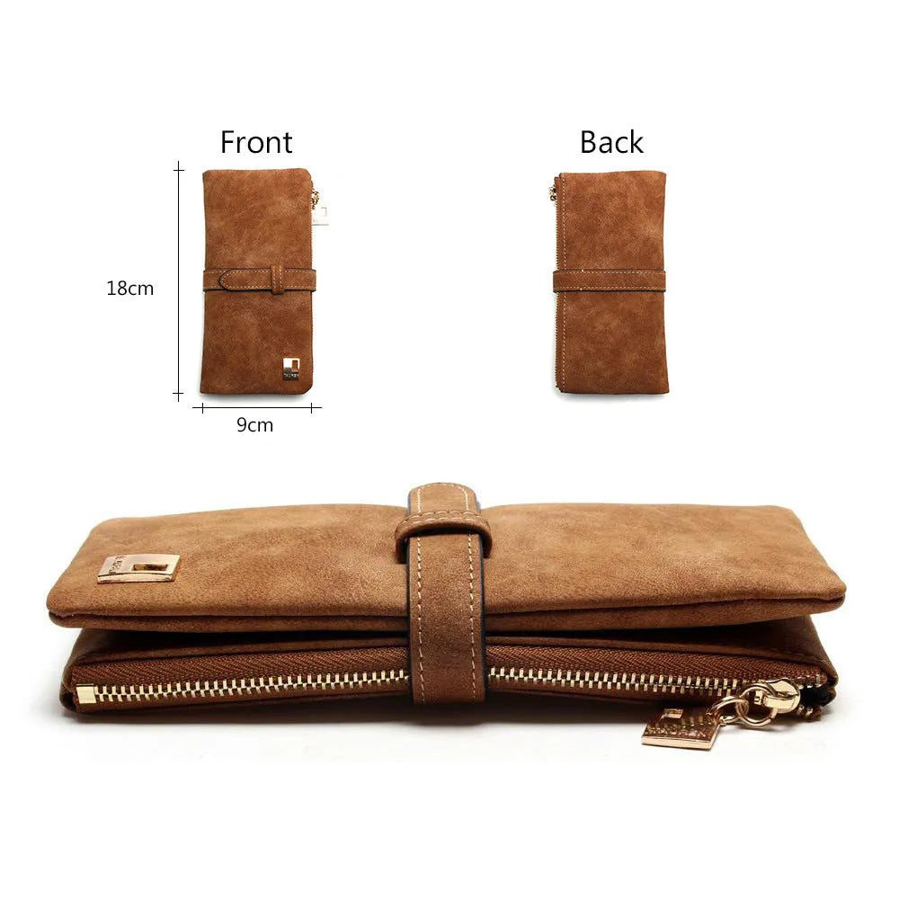 Women's long leather-style wallet with two-fold draw design in multiple colour options showing card compartments