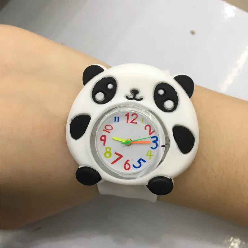 3D cute cartoon kids silicone watch with a 3.6cm face in a Black panda design showing the time on a white background