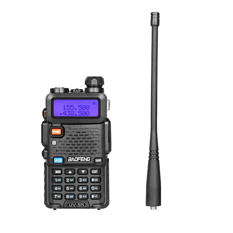 Black dual-band UHF VHF walkie talkie with antenna, showing compact 110x58x32mm dimensions.