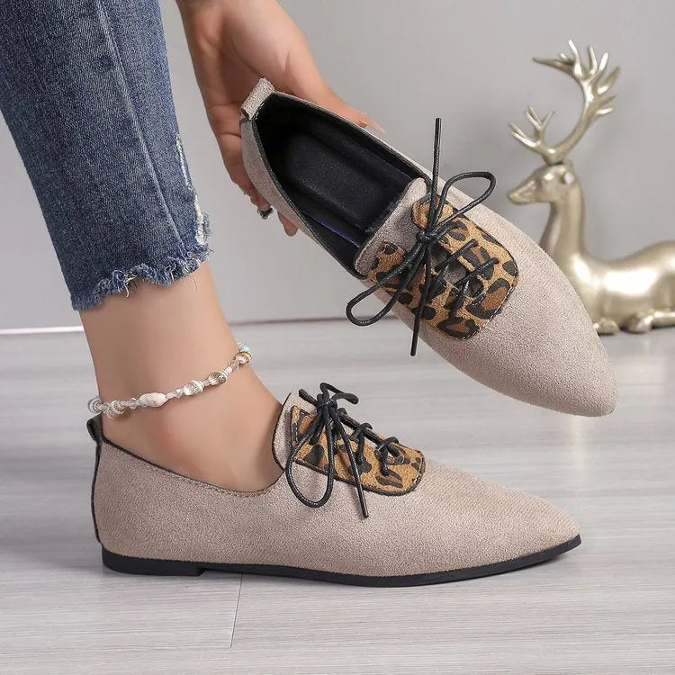 Beige leopard print pointed toe pumps for women in plus sizes with artificial PU upper and rubber sole