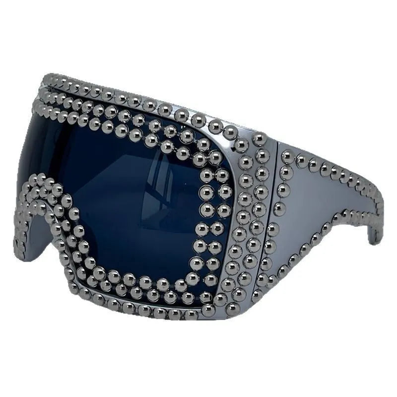 Men's punk sunglasses with super large square frame and rivet accents in silver or gold