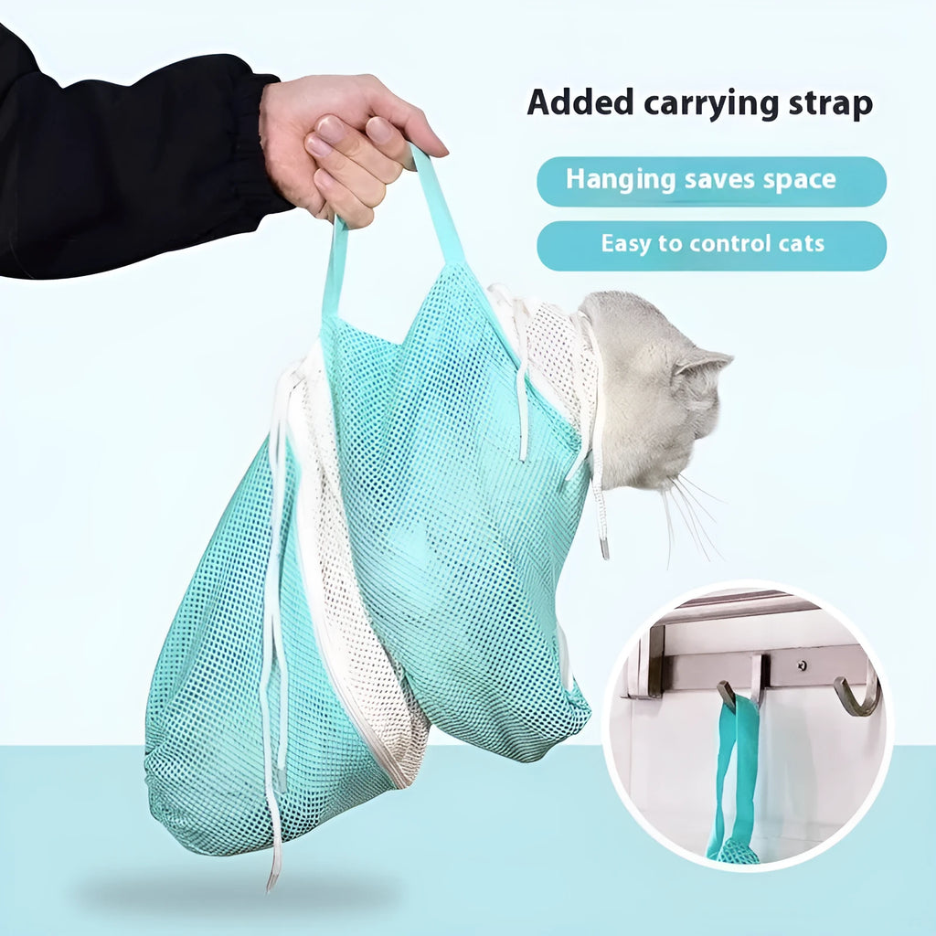 Upgraded 5th generation cat grooming bag in pink, green, or grey colour combinations with scratch-resistant mesh