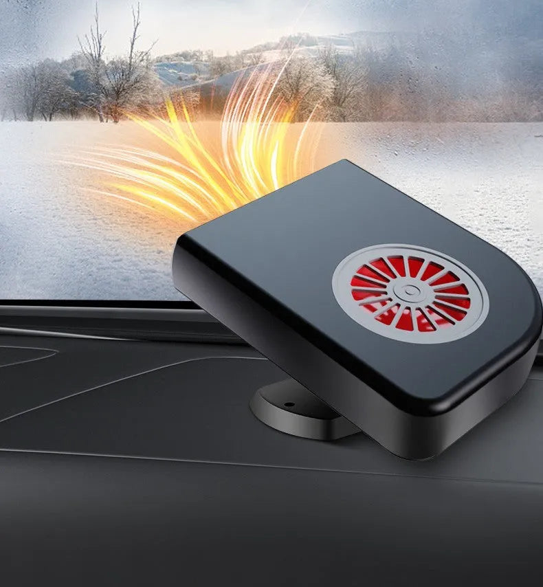 Black 12V vehicle-mounted defroster heater with adjustable vents on a car dashboard.