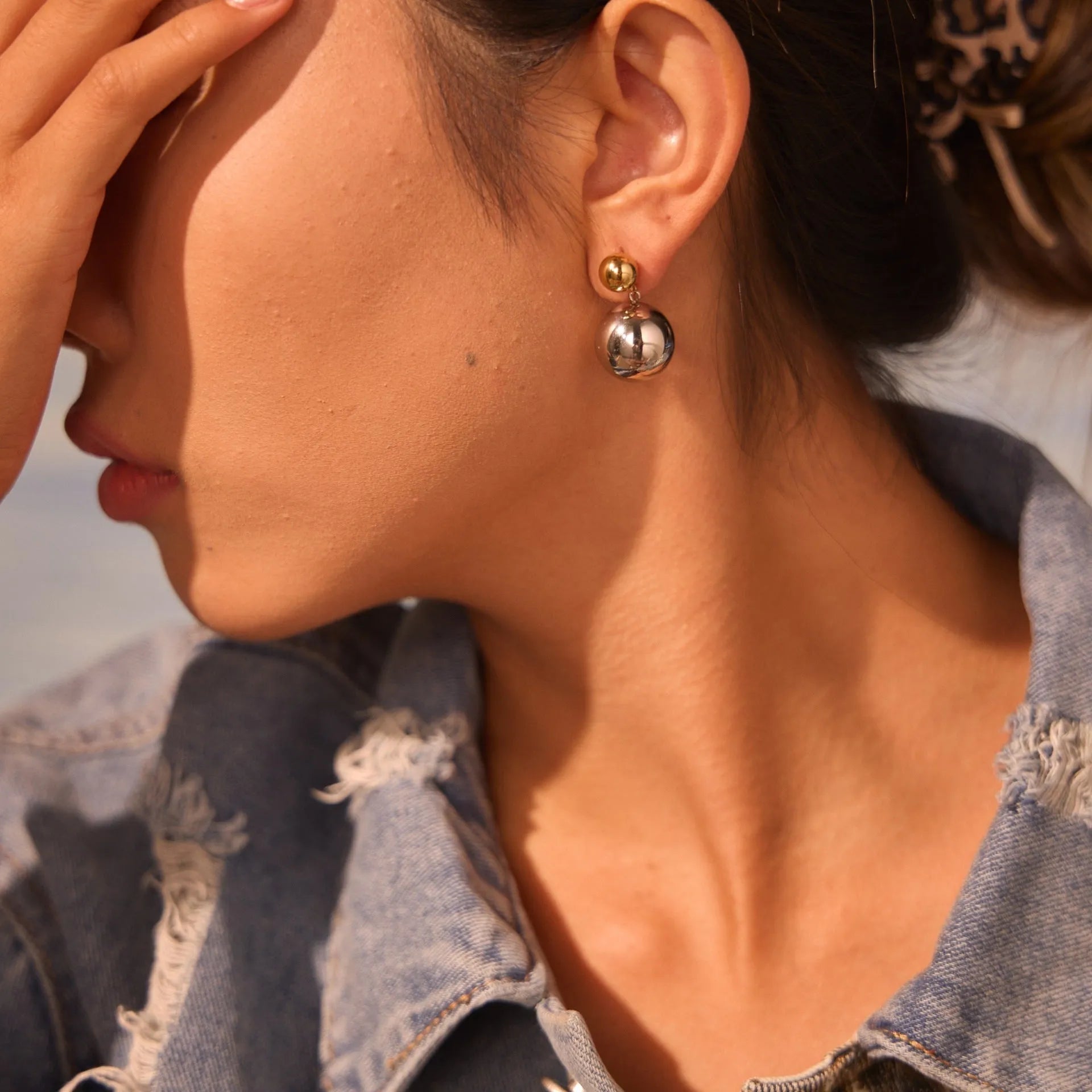 Round beads stainless steel geometric colour-block ear studs with 18K gold electroplated finish