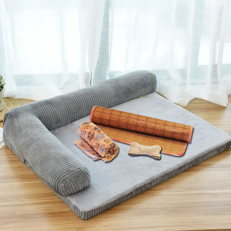 Corduroy dog sofa bed with bolsters in grey colour showing high-density sponge construction
