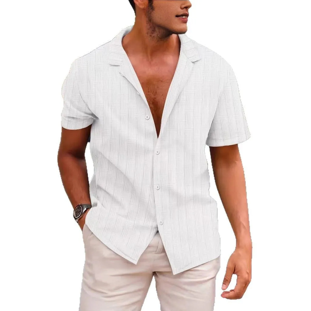Men's apricot coloured corduroy short sleeve cardigan shirt on a hanger.