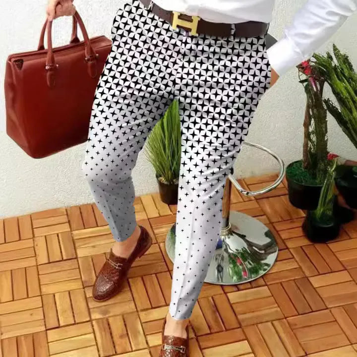 Men's slim-fit straight-leg casual trousers in a grey 3D printed plaid pattern, showing front view.