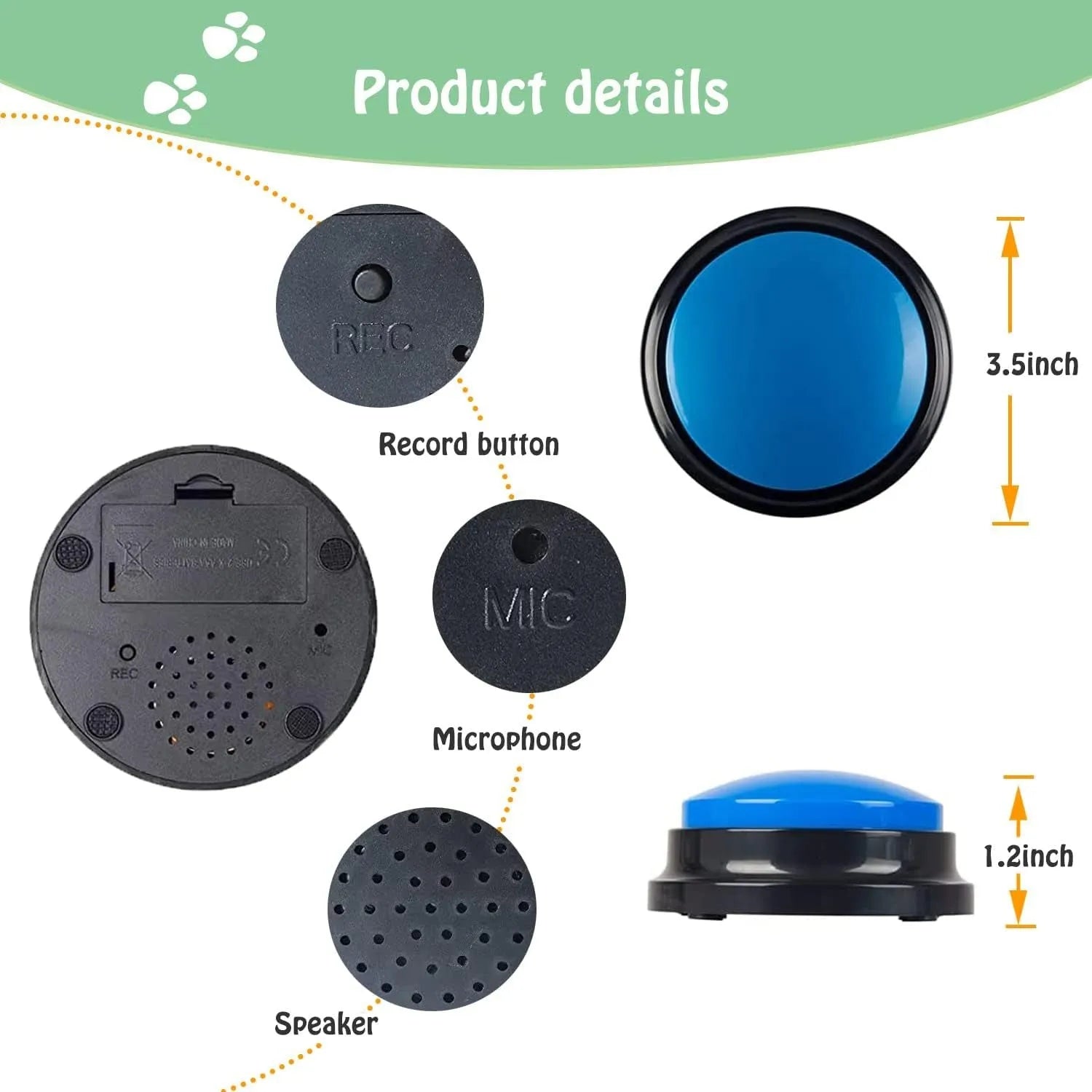 Voice recording button for pet training in multiple colour options with record and playback functions
