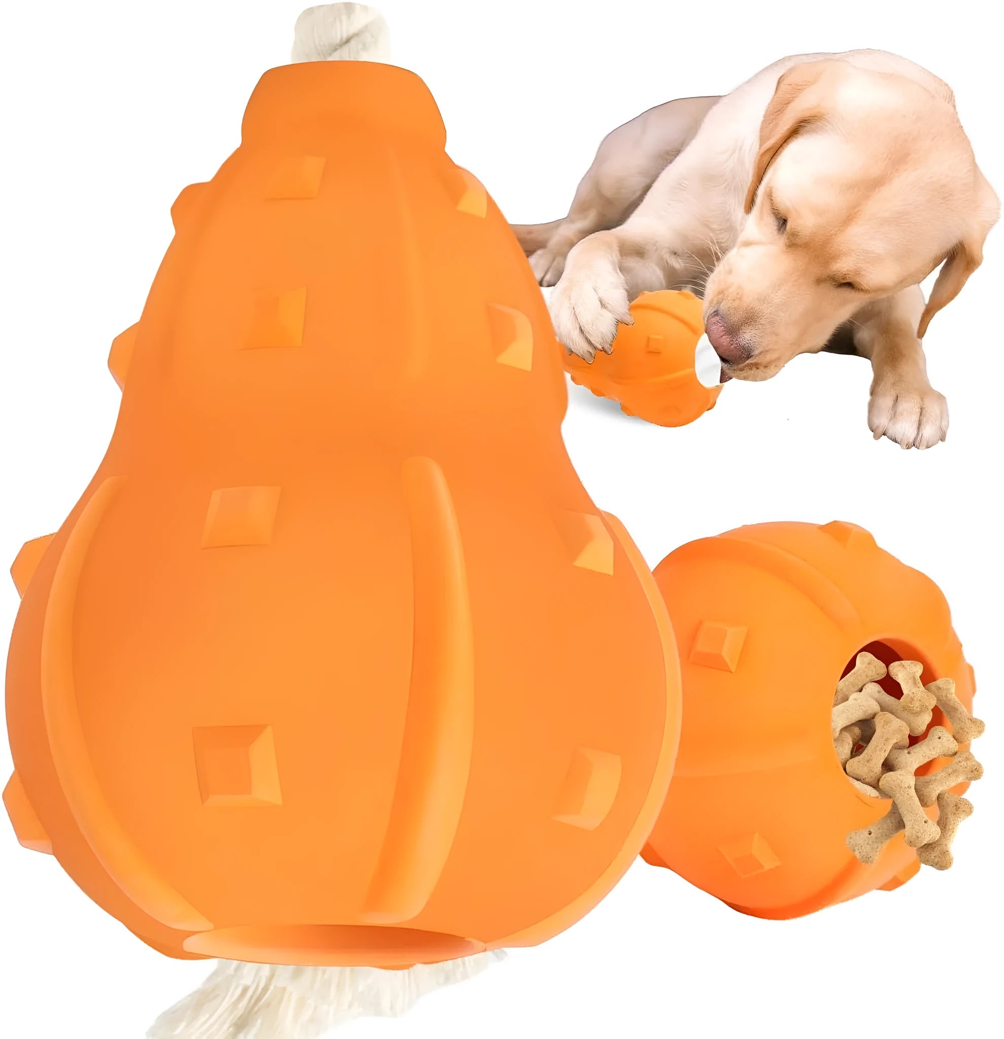 Natural rubber stuffable dog toy with a long strap for small to medium breed dogs.