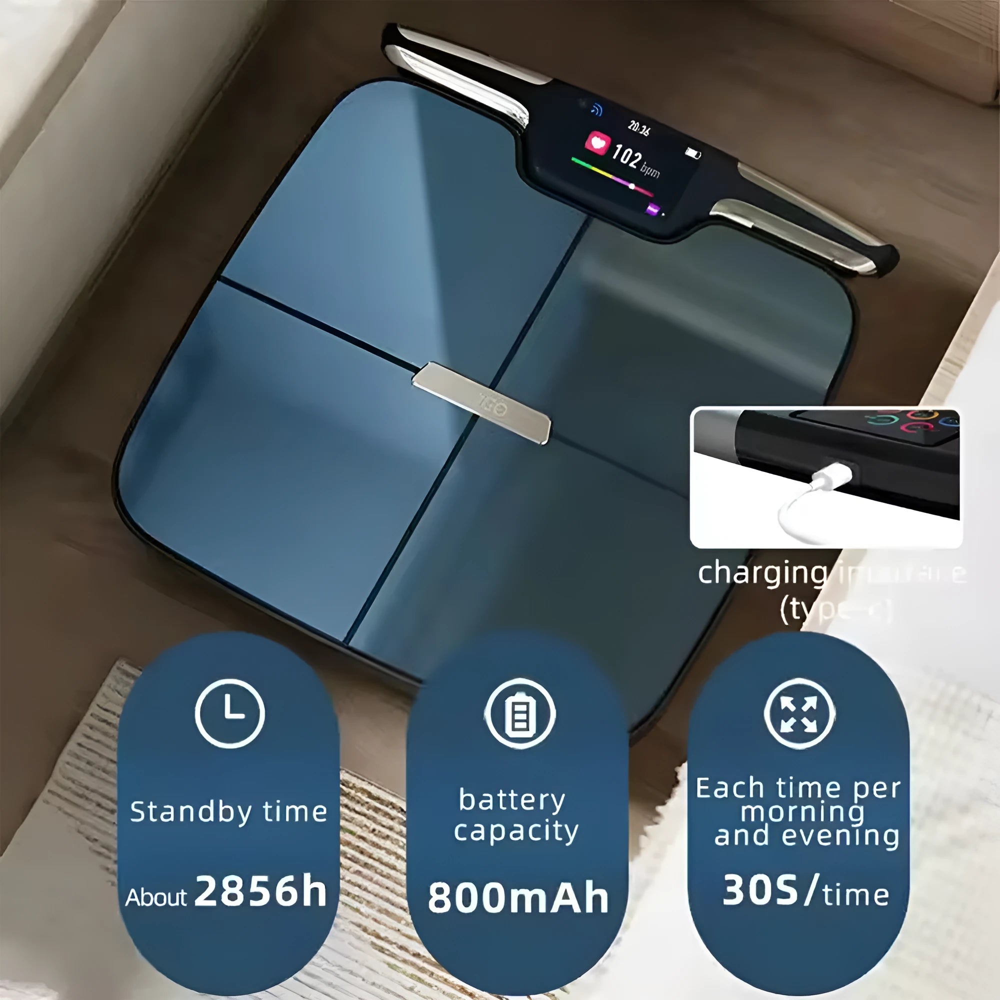 Black eight-electrode intelligent body fat scale on a bathroom floor