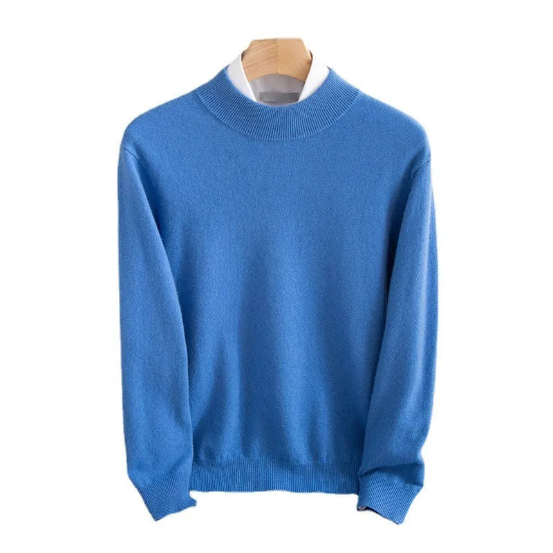 Men's loose fit half-turtleneck wool sweater in a rough yarn knit, shown in a range of colours.