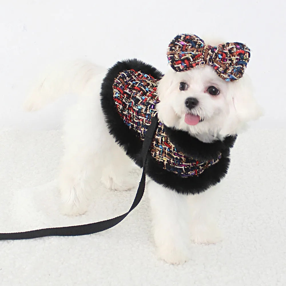 Dog wearing classic cloak-style chest harness with hand-holding rope leash in cloth material
