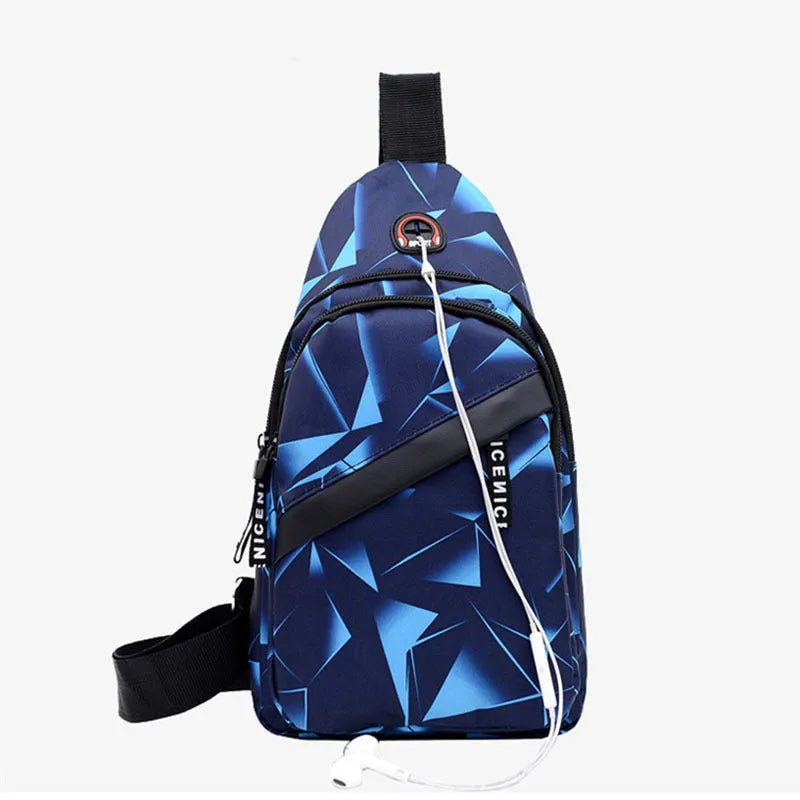 Men's blue print sling chest bag with earphone hole, shown worn crossbody.