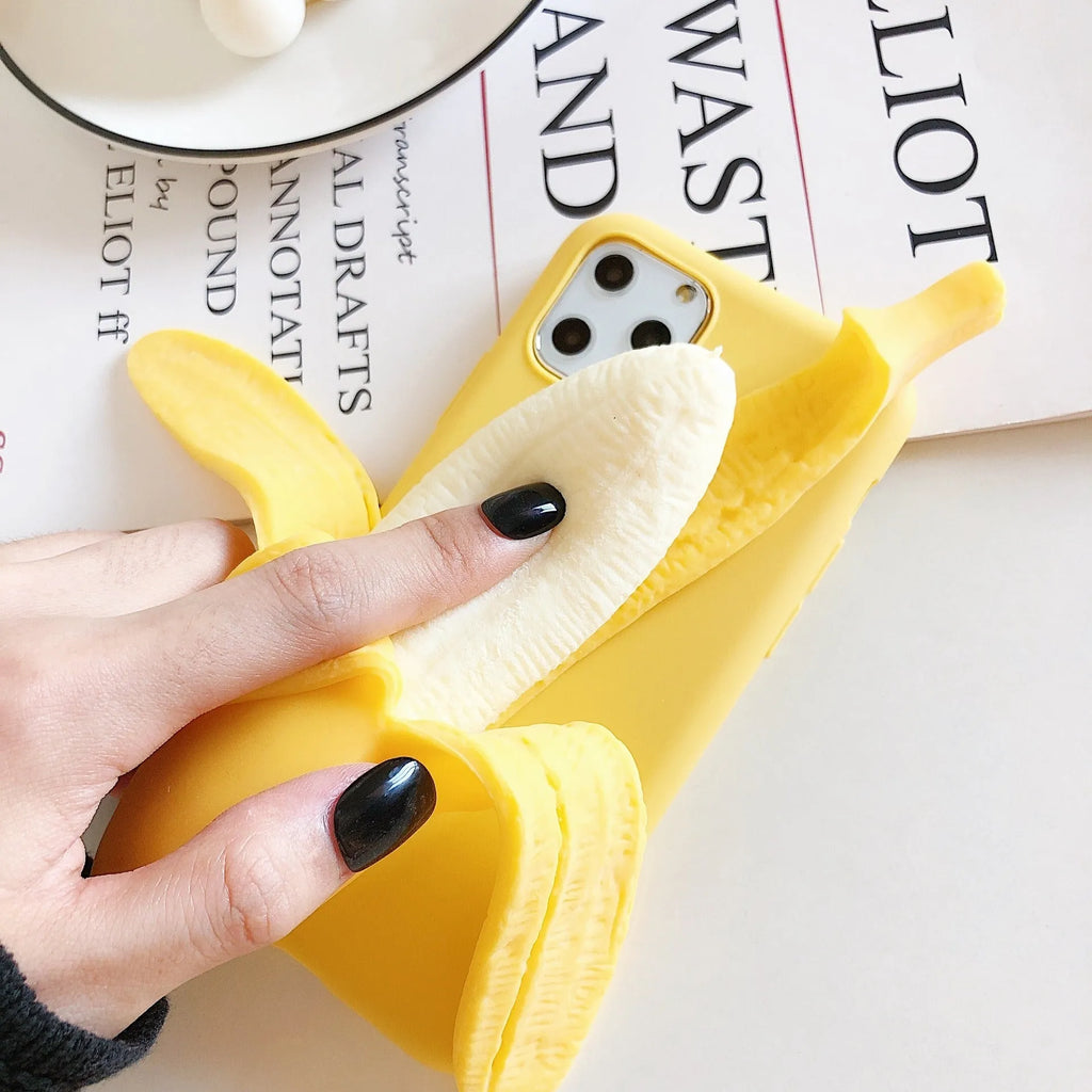 Hard back iPhone case with a solid colour and a graphic of an open banana peel.