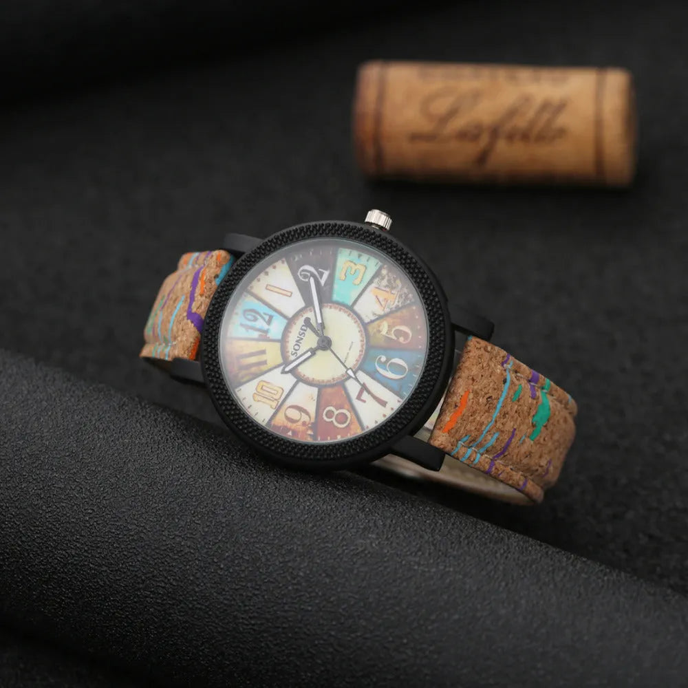 Casual women's wrist watch with leather strap showing 37mm round dial and stainless steel buckle