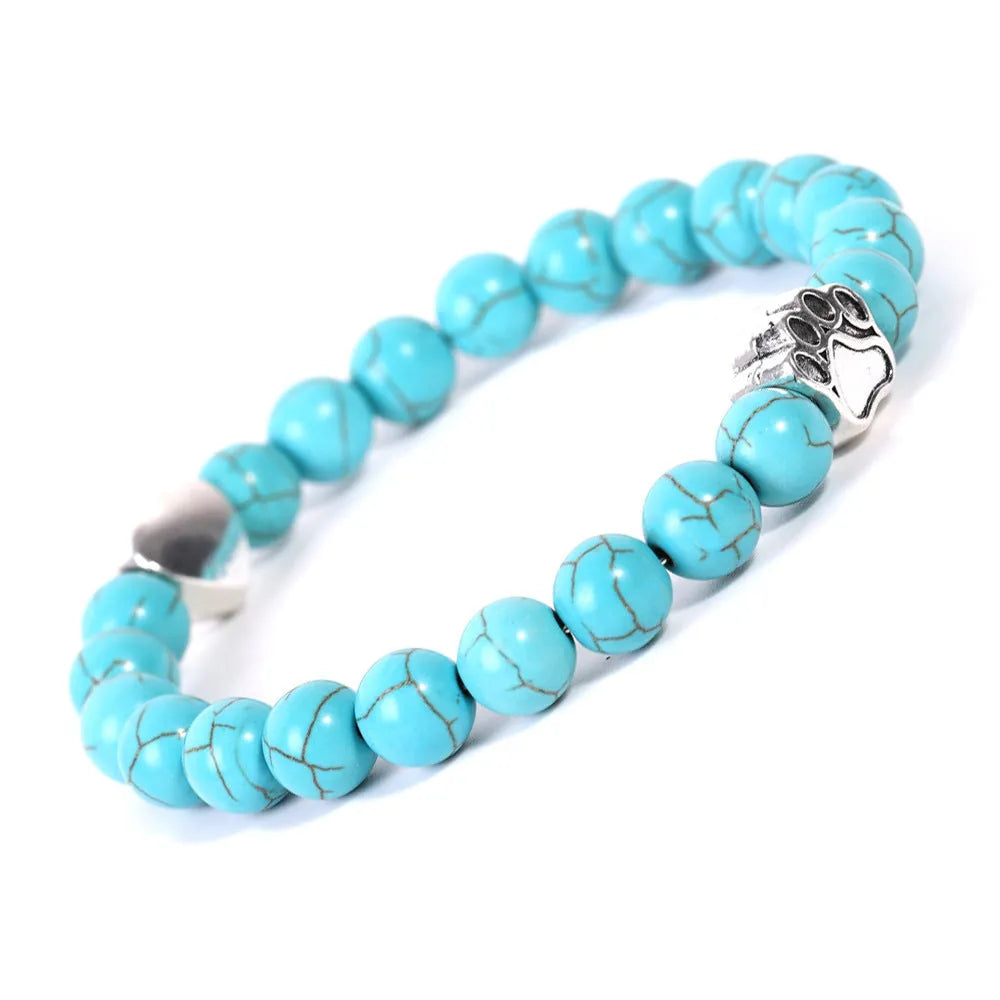 Indian agate dog's paw bracelet with love heart charm made from natural tigereye stone beads