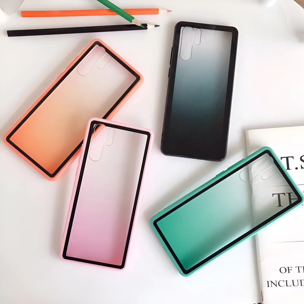 Rainbow TPU and polycarbonate phone case for Huawei models in black, green, orange, and pink colours.