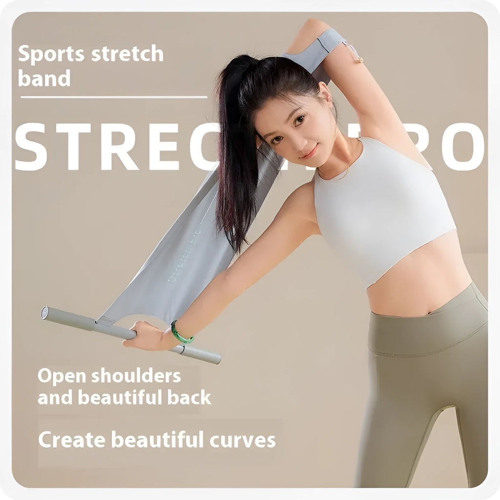 Grey or pink yoga stretching tool for shoulder and hip flexibility exercises