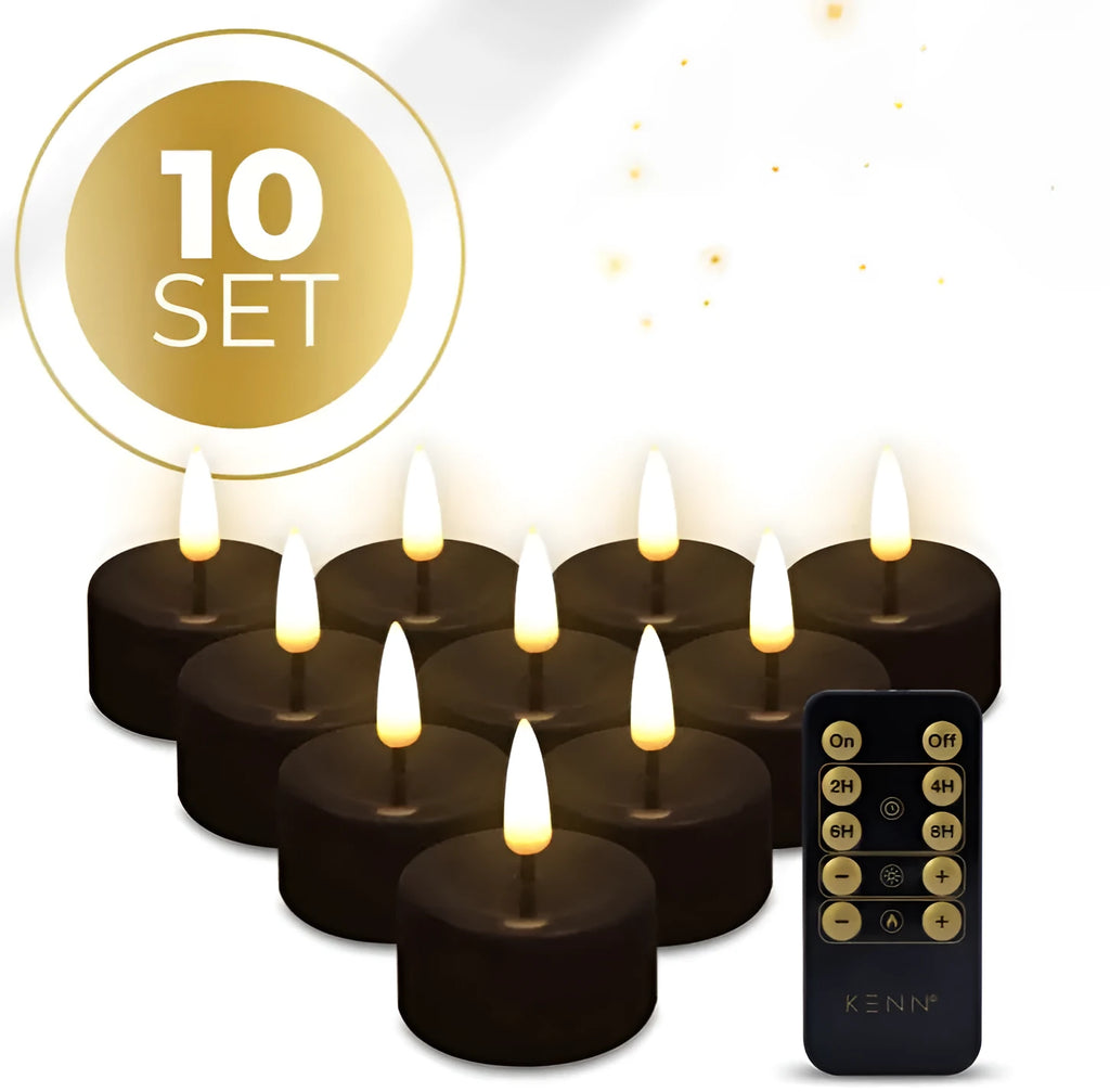 Four black LED tealight candles showing dimensions and S10 rating for safe flameless use.