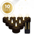 Four black LED tealight candles showing dimensions and S10 rating for safe flameless use.