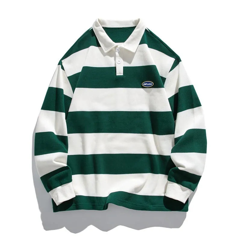 Hong Kong style pearl cotton polo shirt with striped collar in sapphire blue, wheat green, and coffee colours