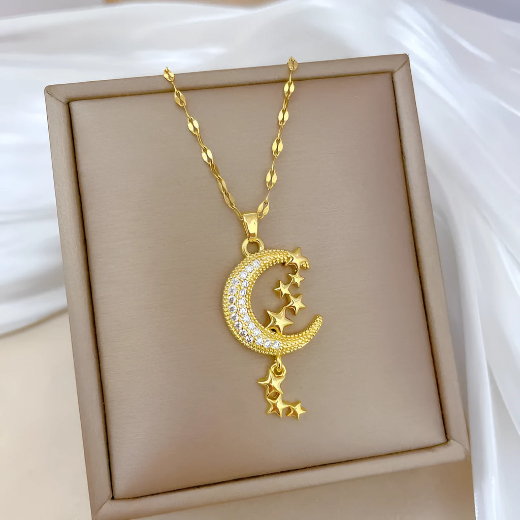 Moon pendant necklace with geometric tassel design and full diamond setting