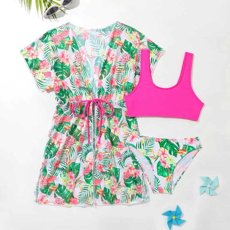 Girls' two-piece floral print swimsuit set in polyester fabric for swimming