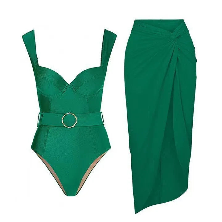 Women's polyester one-piece swimsuit with gauze skirt in double shoulder and oblique shoulder neckline styles