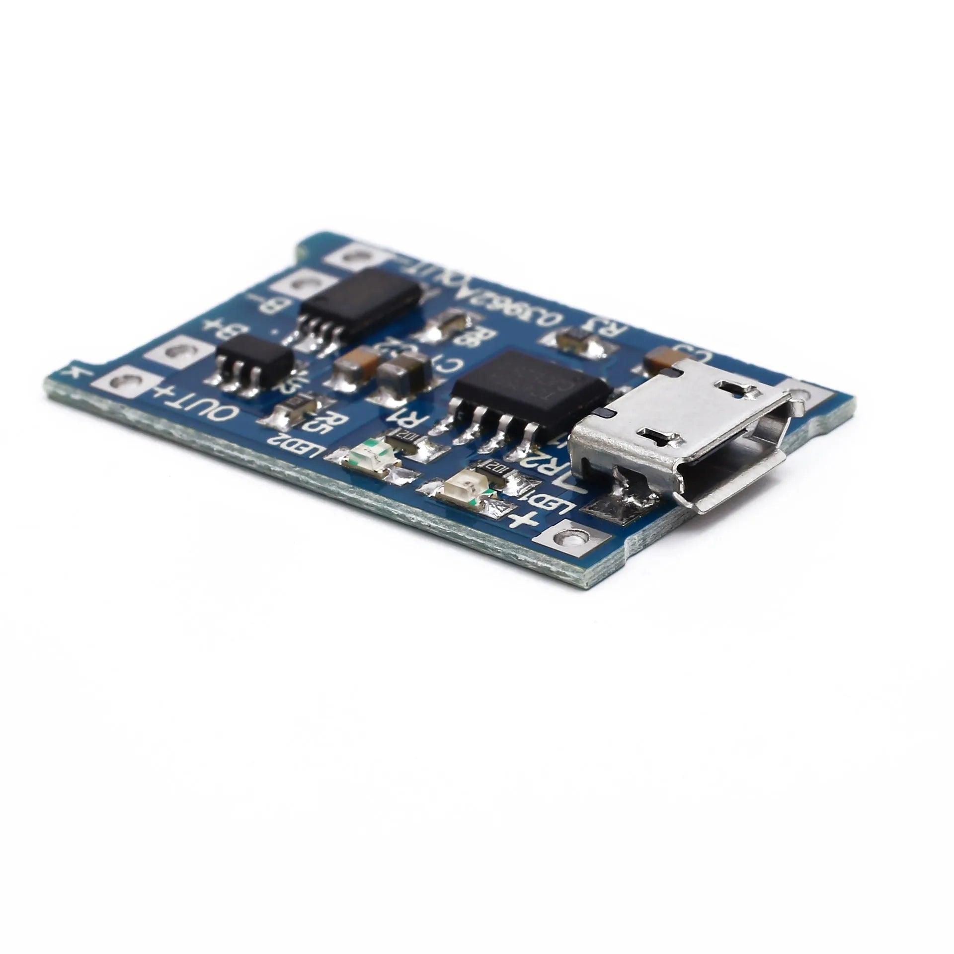 Blue lithium battery charging and protection circuit board measuring 26 by 17 millimetres.