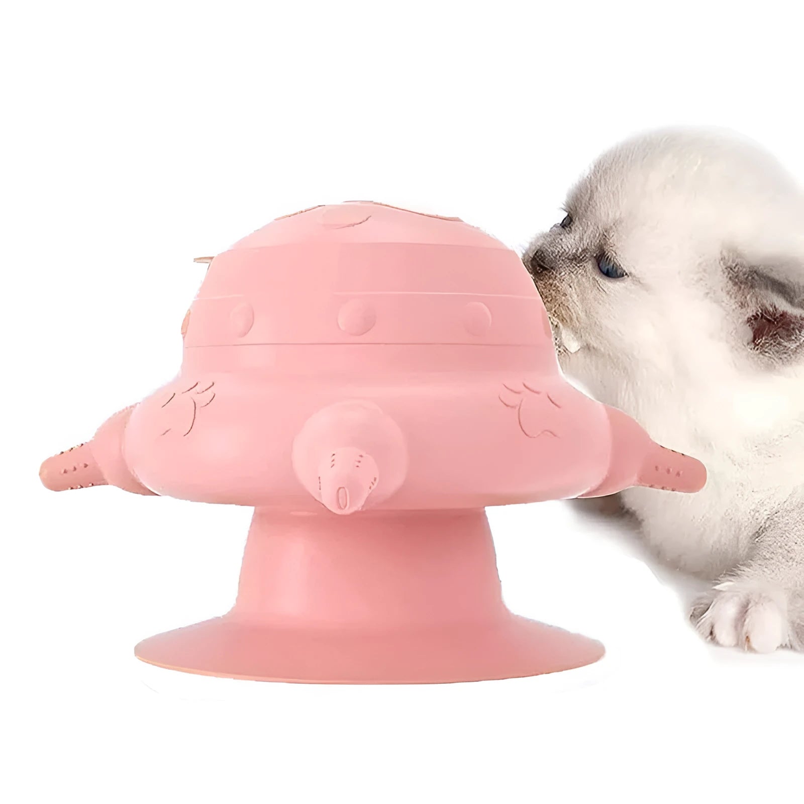 Pink silicone pet milk feeder with four nursing nipples for puppies and kittens on a flat base.