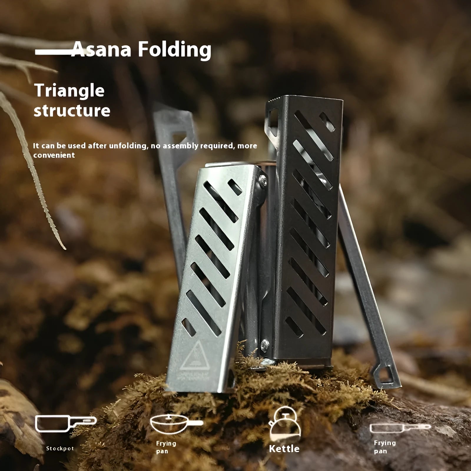 Hexagon alcohol camping stove showing foldable design and black/silver colour options