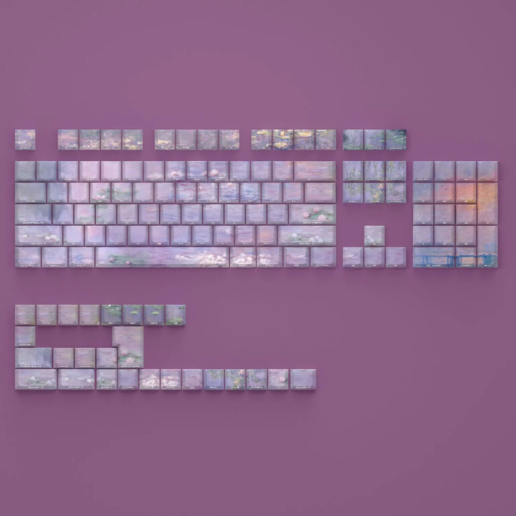 Wenshao Sleeping Lotus PBT keycap set with side-carved transparent legends, 130 keys for mechanical keyboards.
