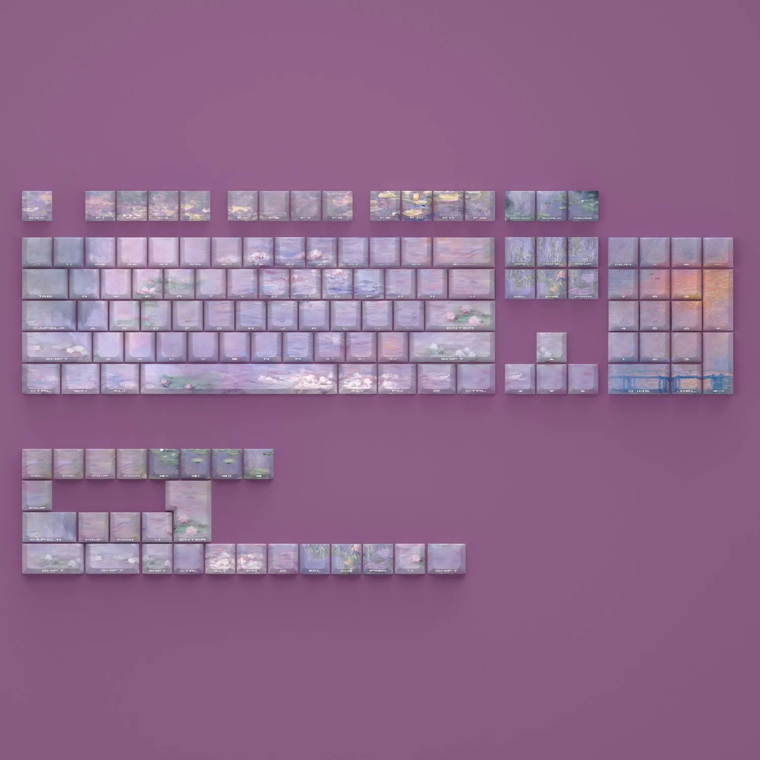 Wenshao Sleeping Lotus PBT keycap set with side-carved transparent legends, 130 keys for mechanical keyboards.