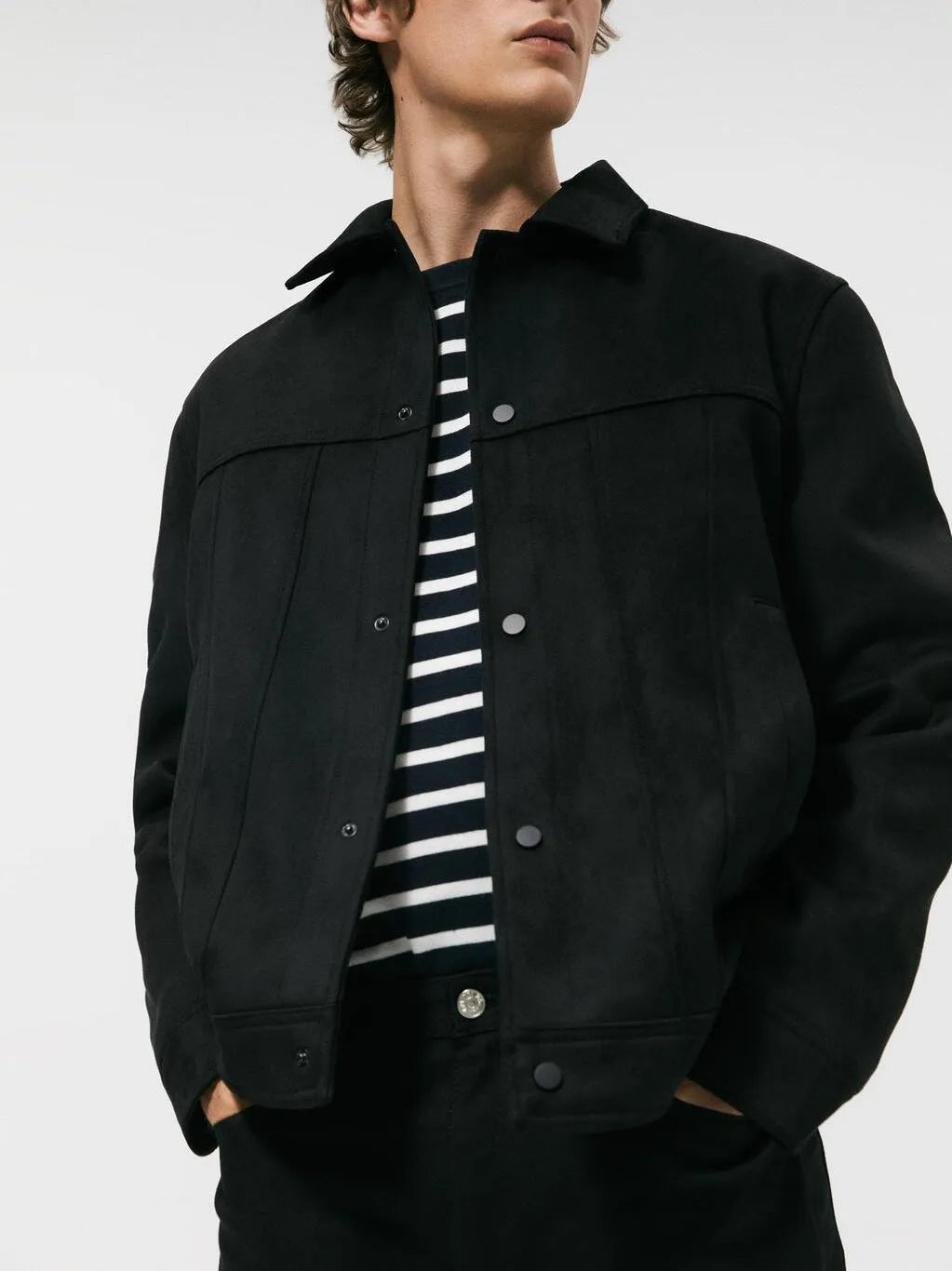 Black men's hooded jacket with suede collar, side pockets, and straight hem design