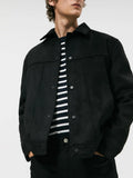 Black men's hooded jacket with suede collar, side pockets, and straight hem design