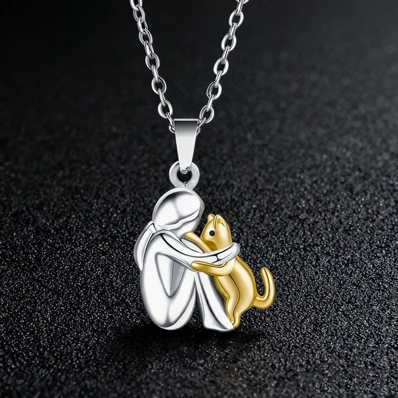 Little girl and dog hugging alloy earring set with O-ring chain necklace in colour option