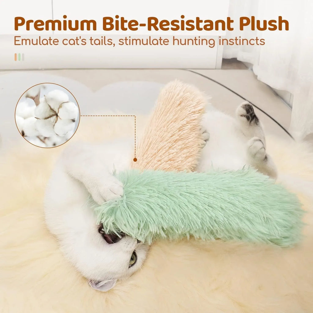 Plush cat toy pillow with crinkle material and wiggly tentacles in blue, green, pink, and white colour options.