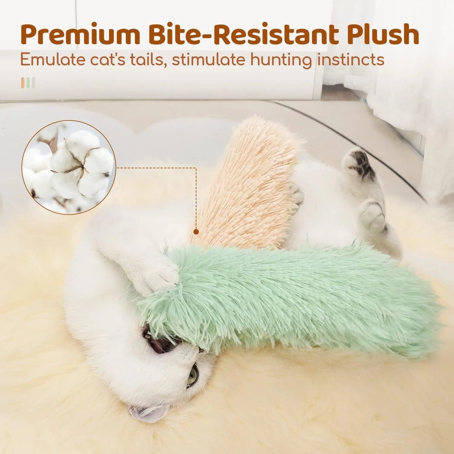Plush cat toy pillow with crinkle material and wiggly tentacles in blue, green, pink, and white colour options.