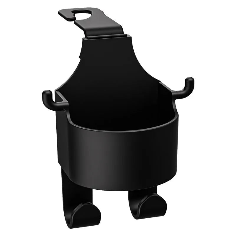 Black plastic car seat back organiser with cup holder and hook