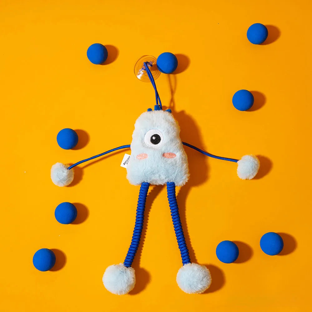 Blue four-ring soft plush cat toy with elastic rope and a mint bell.