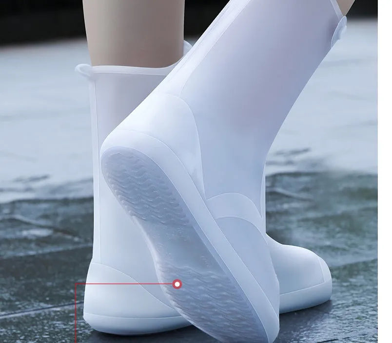 White PVC high-top reusable waterproof shoe covers with anti-skid soles