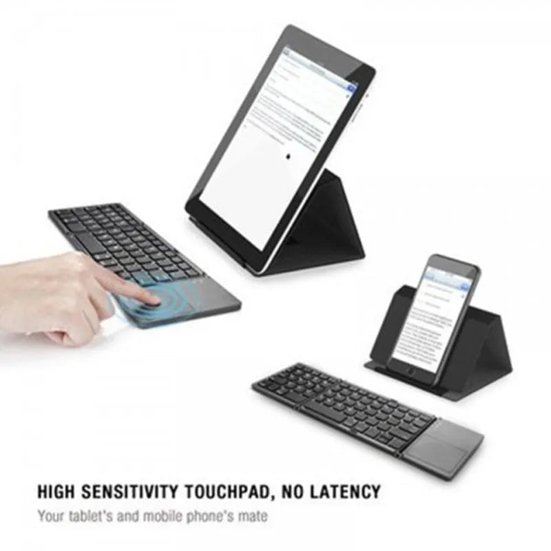 Folding Bluetooth keyboard with black keys and touch plate