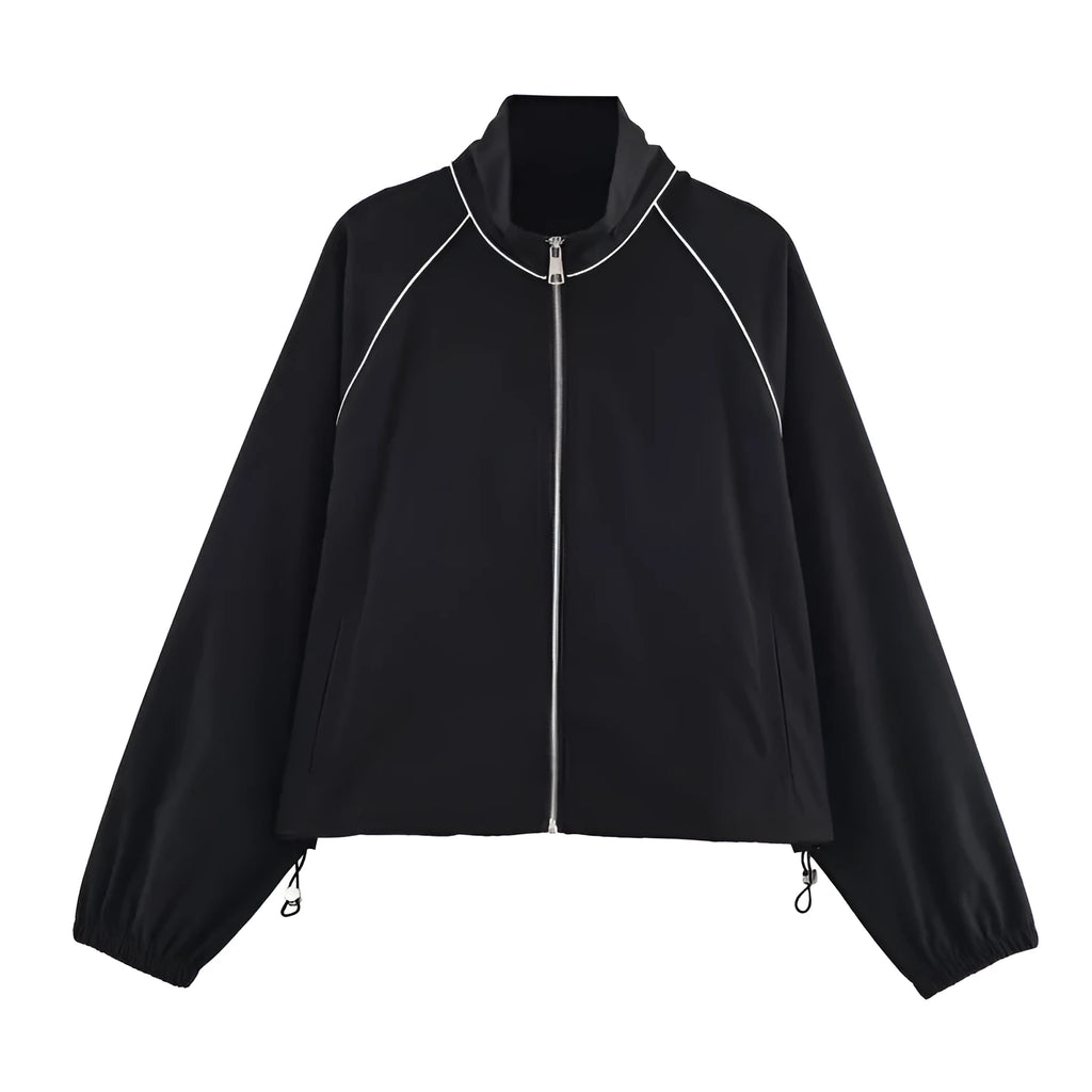 Women's black PU puffy jacket coat with long sleeves and front zipper, 50cm length, on plain background
