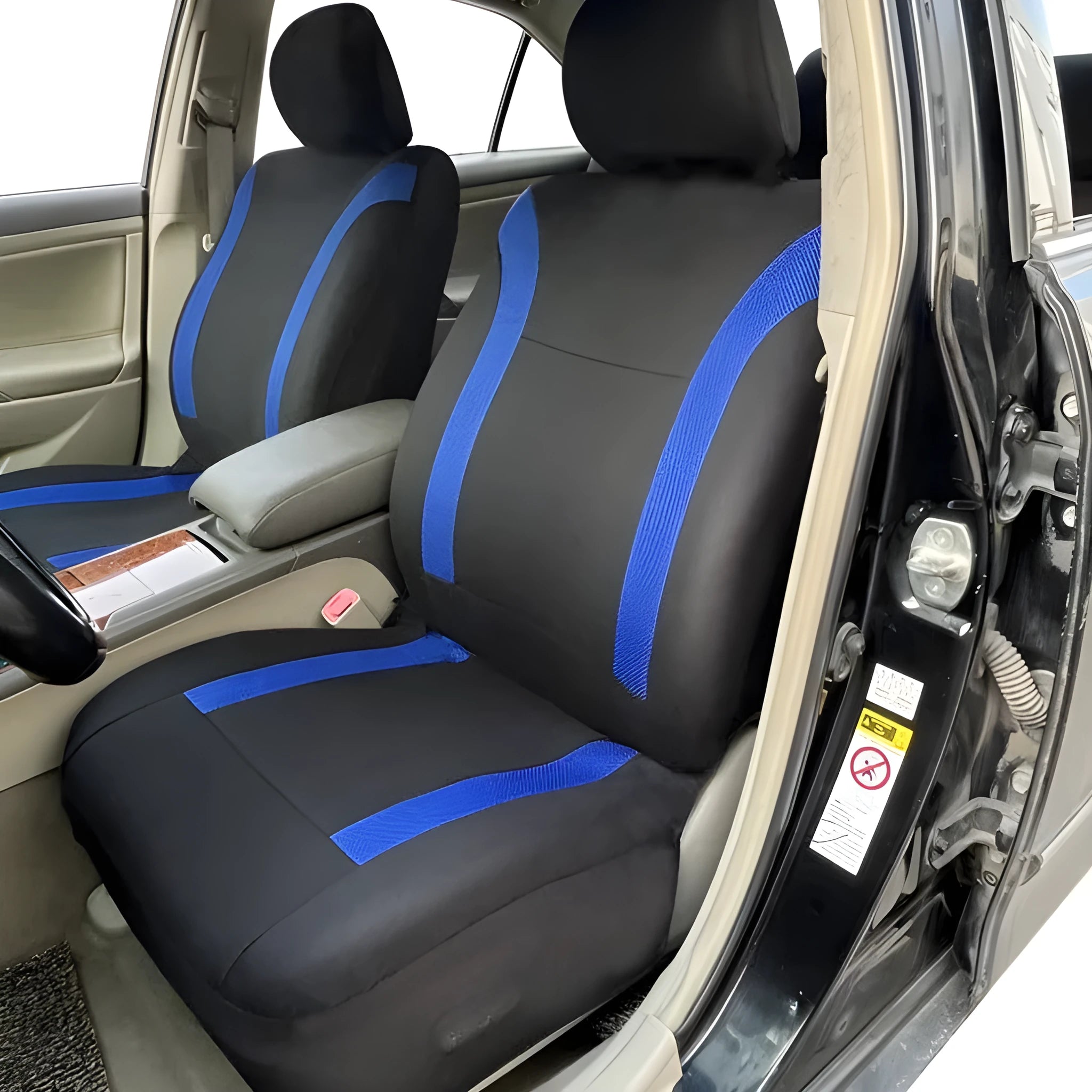 Polyester car seat cover set with eyelet stitching in blue, showing headrest and seat covers with sponge padding.