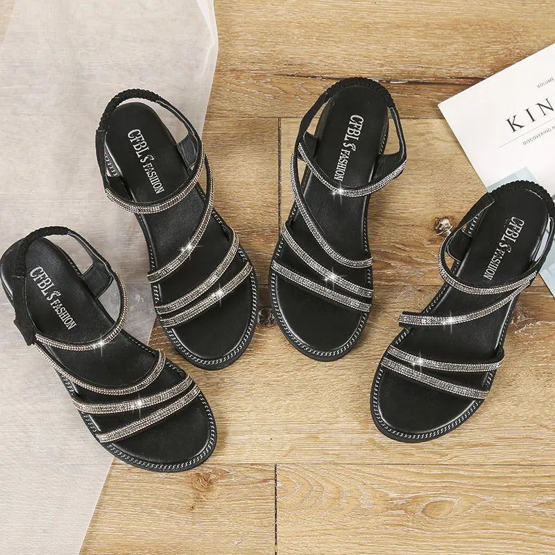 Women's Korean style casual sandals with rhinestone decoration and non-slip rubber sole